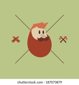 Woodcutter character. Cartoon character, with redhead and beard. Lumberjack character. Flat design. Minimal style. Axes and saws symbols. Easy to edit. Vector illustration - EPS10.