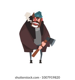 Woodcutter character standing with axe in hand. Lumberjack in sweater, warm jacket, hat and jeans. Cartoon man character with frozen beard. Flat vector design