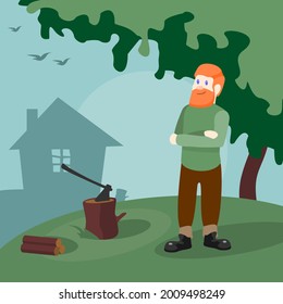 A woodcutter is chopping wood. A red-haired man. Vector