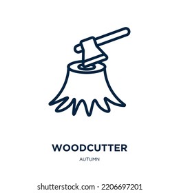 woodcutter icon from autumn collection. Thin linear woodcutter, wood, tool outline icon isolated on white background. Line vector woodcutter sign, symbol for web and mobile