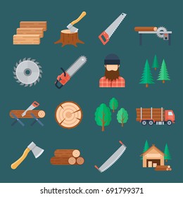 Woodcutter icon set. Producing timber, chop down trees with an axe, turning into wood logs. Vector flat style cartoon illustration, isolated, dark background