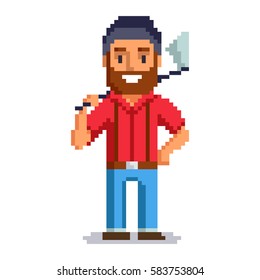 Woodcutter isolated on white background.  Lumberjack pixel game style illustration. lumberman vector pixel art design. funny 8 bit people character icon. 