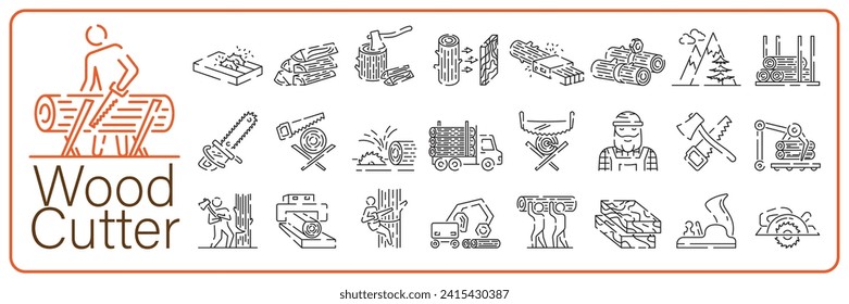 Woodcutter line icon set. Logging, sawmill line icon in circles, logging truck, tree harvester, timber, lumberjack, wood and lumber. Vector illustration