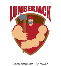 Woodcutter logo. Lumberjack sign. lumberman symbol. feller with beard and axes.
