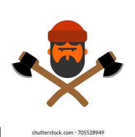 Woodcutter logo. Lumberjack sign. lumberman symbol. feller with beard and axes.