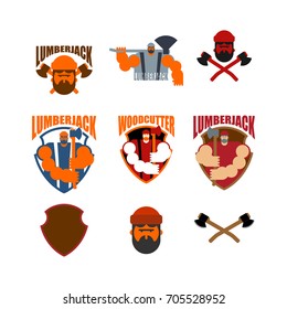 Woodcutter logo set. Lumberjack sign. lumberman symbol. feller with beard and axes.
