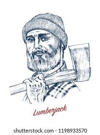 Woodcutter or lumberjack with an ax. Traditional man with a beard. Hipster works in the forest. Engraved hand drawn line art Vintage old monochrome sketch, ink. Vector illustration for label.