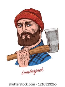 Woodcutter or lumberjack with an ax. Traditional man with a beard. Hipster works in the forest. Engraved hand drawn line art Vintage old monochrome sketch, ink. Vector illustration for label.