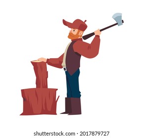 Woodcutter or lumberjack chopping wood with axe, flat vector illustration isolated on white background. Male character for logging and woodwork services.