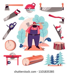 Woodcutter lumberjack and vector tools