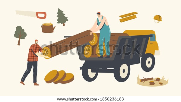 Woodcutter Male Characters Loading Wooden\
Logs in Truck. Deforestation, Forest Trees Cutting and\
Transportation. Wood Harvesting, Logging Forestry Industry Process.\
Linear People Vector\
Illustration
