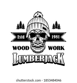 Woodcutter with moustache vector illustration. Head of skeleton in winter hat, woods and lumberjack text. Lumber job or craft concept for labels or tattoo templates