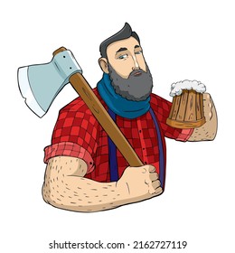 A woodcutter in a red shirt with a beer mug and an axe
