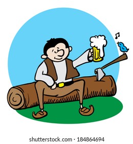 woodcutter resting and drinking beer cartoon illustration
