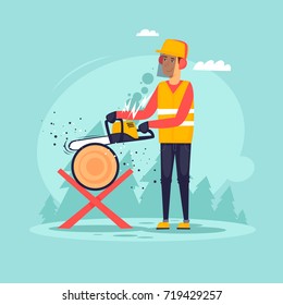 Woodcutter, sawing wood. Flat design vector illustration.