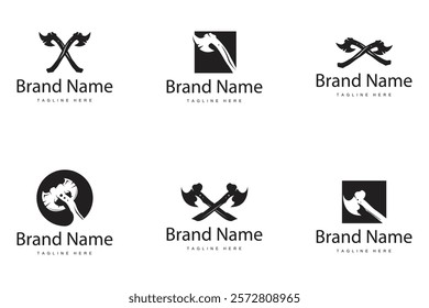 Woodcutter tool axe logo carpentry simple design silhouette illustration template collection bundle set 