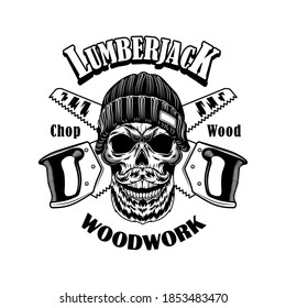 Ilustración vectorial de cuentagotas de madera. Cabeza de esqueleto con sombrero de abeja, cruzó sierras y texto de carpintería. Concepto de trabajo o artesanía de Lumberjack para etiquetas o plantillas de tatuajes