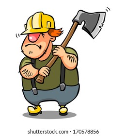 woodcutter in a yellow helmet and ax on white background