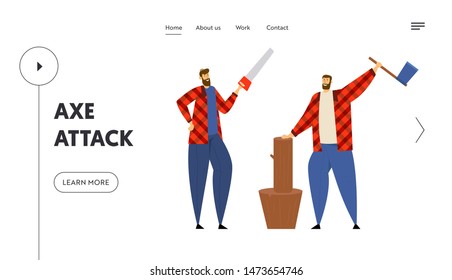Woodcutters Website Landing Page, Couple of Lumberjack Standing in Different Poses Hold Axe and Saw in Hands. Worker Lumber with Wooden Log on Stump Web Page. Cartoon Flat Vector Illustration, Banner