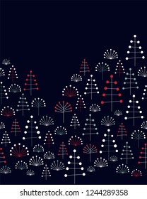 Wooded mountains pattern with decorative winter trees on blue background