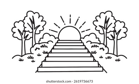 Wooded path with stone steps ascending towards a bright sunlit area, surrounded by trees and greenery line art flat vector illustration