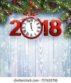 Wooden 2017 Year background with clock and fir branches. Vector illustration.