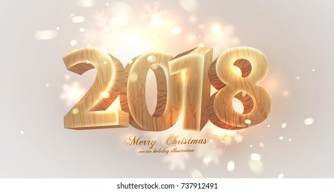 Wooden 2018 lettering | Christmas Snowflakes Blurred White Silver Background | New Year vector illustration