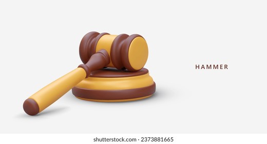 Wooden 3D hammer lies on stand. Ceremonial accessory of chief judge. Auctioneer tool. Symbol of sentencing. Horizontal template for web design. Place for text