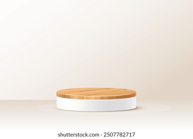 Wooden 3d podium on beige background. Round stage display product. Empty circle stand pedestal of natural wood with white base for luxury product presentation. Realistic modern vector illustration.