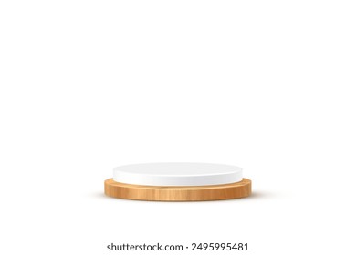 Wooden 3d podium on white background. Round stage display product. Empty circle stand pedestal of natural wood with white top for luxury product presentation. Realistic modern vector illustration.