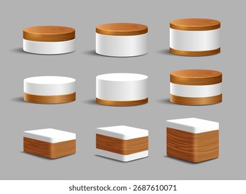 Presentación de productos de podio 3d de madera, juego de Vectores. Pedestal geométrico, plataforma con textura de madera. Maqueta de Vector realista del pedestal vacío para la presentación