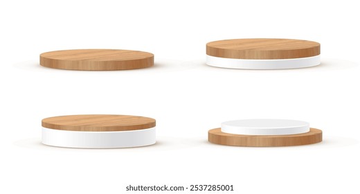 3D-Podien aus Holz auf weißem Hintergrund. Kollektion von runden Bühnen zeigen Produkt. Leere kreisförmige Standfüße aus Naturholz und für die Präsentation von Luxusprodukten. Realistische Vektorgrafik.