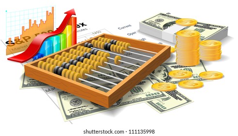 Wooden abacus, bills and coins are on the white background.