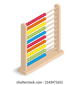 Wooden abacus with colored balls, isometric vector illustration.