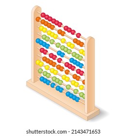Wooden abacus with colored balls, isometric vector illustration.