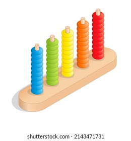 Wooden abacus with colored balls, isometric vector illustration.