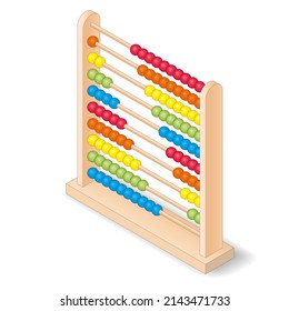 Wooden abacus with colored balls, isometric vector illustration.