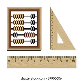 wooden abacus and rulers isolated on white background