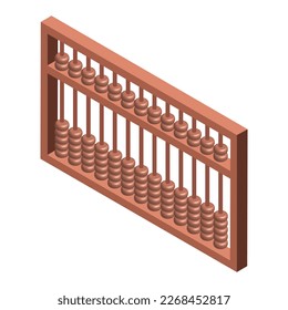 Holzabacus, Vektorgrafik isometrischer Stil 3d. Farbiger Abacus uralter Taschenrechner. Rechenwerkzeug mit auf Drähten rutschenden Holzperlen. Verwendung in der Vorschule und in den Grundschulen