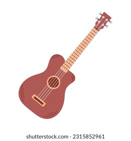 Wooden acoustic guitar isolated on white background. String musical instrument. Vector cartoon illustration.