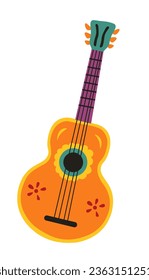 Wooden acoustic guitar for Mexican flamenco guitarists and players. Isolated musical instrument with strings and corpus painted with flowers and decorative ornaments design. Vector in flat style