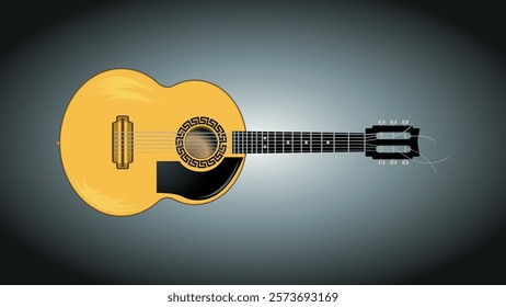 Wooden acoustic guitar. Realistic image of a six-string guitar on a gray background. Template blank for your projects. Vector.