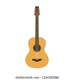 Wooden acoustic guitar in realistic style. Classical six-string Guitar isolated on white background. String plucked musical instrument. Vintage music equipment. Vector illustration EPS 10.