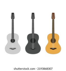 Wooden acoustic guitar in realistic style. Classical six-string Guitar isolated on white background. String plucked musical instrument. Vintage music equipment. Vector illustration EPS 10.