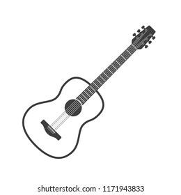 Wooden acoustic guitar in simple flat style. Classical six-string Guitar icon isolated on white background. String plucked musical instrument. Vintage music equipment. Vector illustration EPS 10.