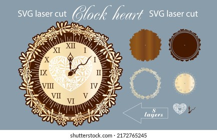 Wooden and acrylic clock create a decorative wall clock of acrylic and wood with my templates for laser cutting machines. The clock is decorated with a floral heart and a floral round frame svg