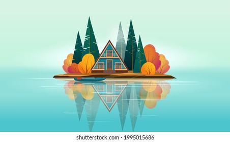Wooden A-frame house surrounded by fir trees and bushes and a boat near the shore  on a small island on the lake. Lake island is reflected in the water. Flat vector illustration