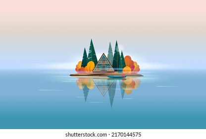 Wooden A-frame house surrounded by fir trees and bushes near the shore  on a small island on the lake. Lake island is reflected in the water. Vector illustration