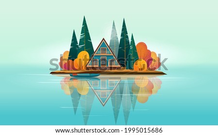Wooden A-frame house surrounded by fir trees and bushes and a boat near the shore  on a small island on the lake. Lake island is reflected in the water. Flat vector illustration