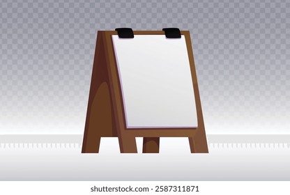 Wooden A-frame signboard with a blank white sheet, ready for customization. Perfect for menus, promotions, or announcements. Ideal for cafes, events, or rustic-themed designs.